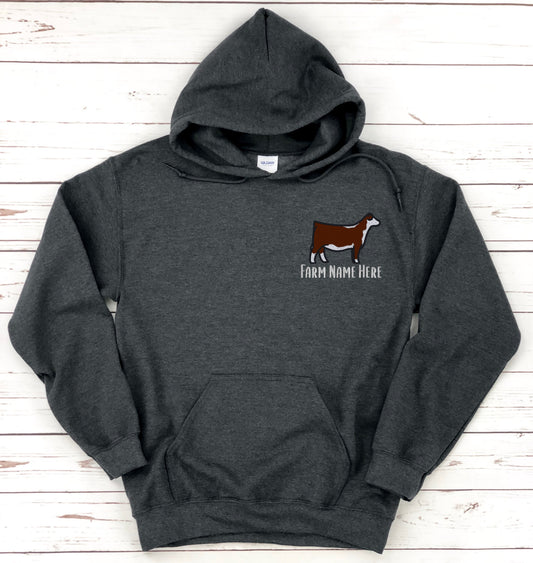 Custom Show Cattle Farm/Ranch Logo Embroidered Hoodie, Hereford, Shorthorn, Angus, Simmental 